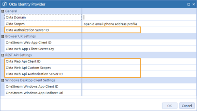 The Okta Identity Provider dialog box has a grid with row headings that have a blue background with blue text and can be expanded to display fields with a white background and black text. In this example, in the General section, Okta Authorization Server ID is highlighted. And, in the REST API Settings section, Okta Web Api Client ID, Okta Web Api Custom Scopes, and Okta Web Api Authorization Server ID are highlighted.